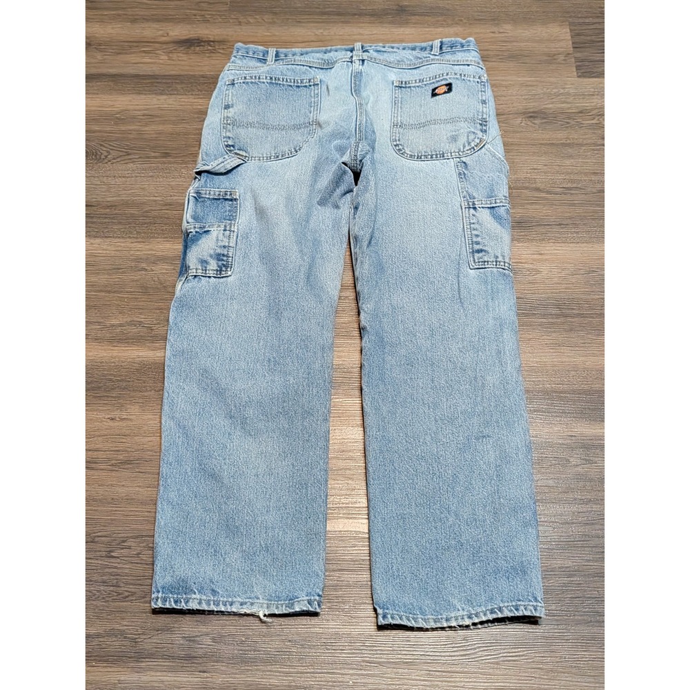 Dickies Mens 38x30 Double Knee Carpenter Jeans Light Wash Distressed Blue Denim - Picture 5 of 8